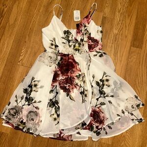 Windsor White Floral Spaghetti-Strap Party Skater Dress with Burgundy Roses